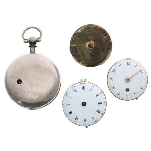 581 - Silver fusee verge pocket watch for repair (lacking outer case and glass), unsigned movement, 49mm; ... 