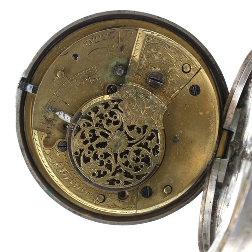 581 - Silver fusee verge pocket watch for repair (lacking outer case and glass), unsigned movement, 49mm; ... 