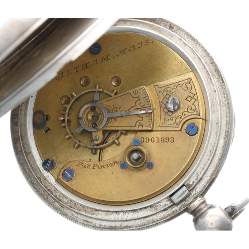 278 - American Waltham silver lever pocket watch, Birmingham 1889, signed movement with Pat. Pinion, no. 3... 