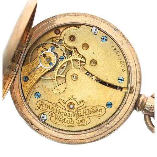 274 - American Waltham 9ct half hunter lever fob watch for repair, Birmingham 1907, movement no. 14510xxx,... 