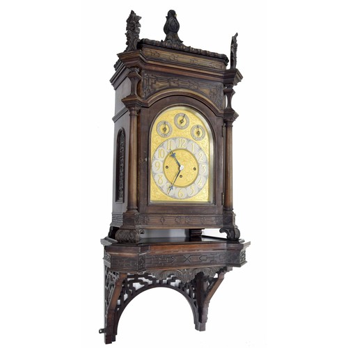 1332 - Good English mahogany large three train bracket clock and wall bracket, the 9