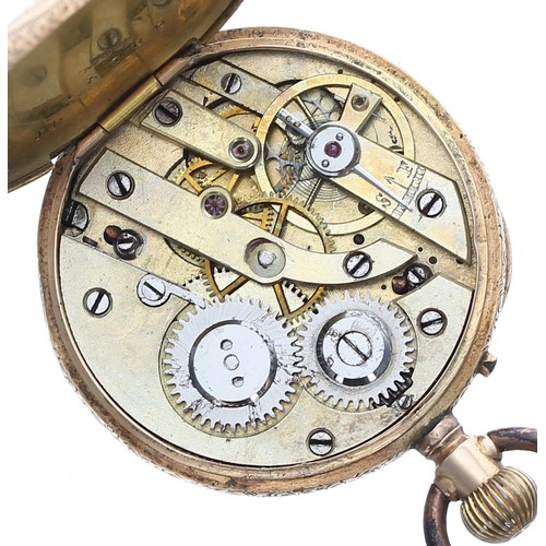 555 - 14ct cylinder engraved fob watch, bar movement, metal cuvette, decorated Roman numeral dial, 28.7gm,... 