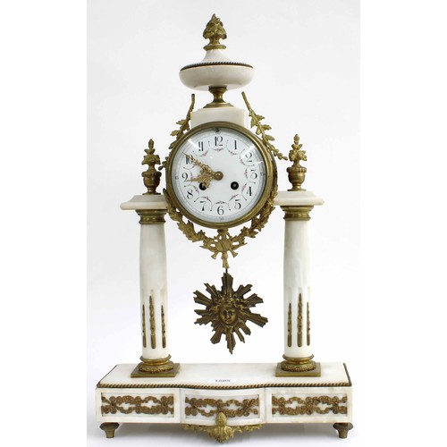 1505 - French white marble and gilt metal mounted portico two train mantel clock, the Vincenti movement wit... 