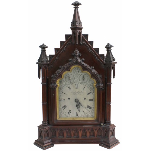 1520 - Large mahogany triple fusee boardroom gothic bracket clock with bracket, the 7.5