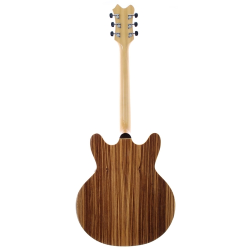 286 - Shelby hollow body electric guitar; Finish: natural zebra wood; Fretboard: rosewood; Frets: good; El... 