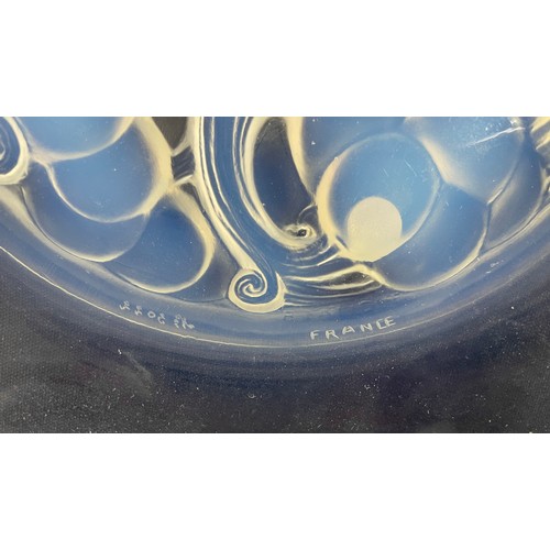 630 - Lalique 'Marienthal' blue opalescent relief moulded glass plate, moulded stencil mark R Lalique, ins... 