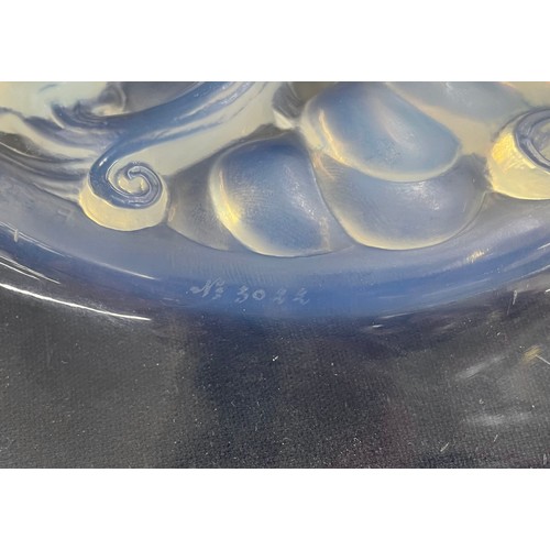 630 - Lalique 'Marienthal' blue opalescent relief moulded glass plate, moulded stencil mark R Lalique, ins... 