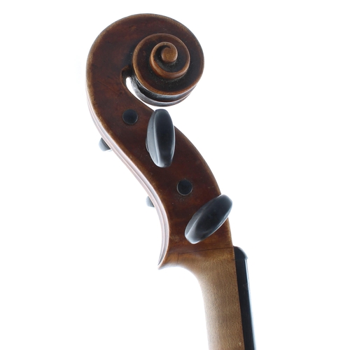 2421 - Interesting old viola, unlabelled, the one piece back of plainish wood with similar wood to the side... 