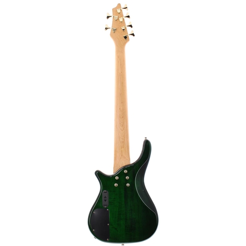 417 - Johnson six string active bass guitar; Body: quilted green finish, many scuffs inside the bass horn,... 