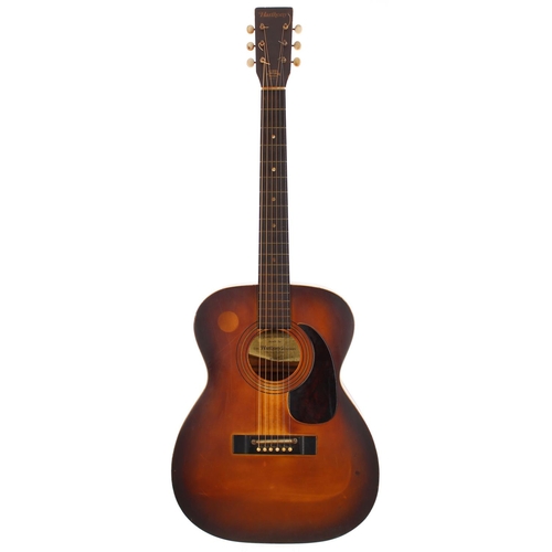 467 - Harmony H-6341 acoustic guitar, made in USA; Body: sunburst finish, heavy UV discolouration to top, ... 