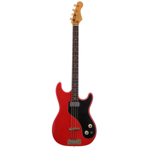 472 - 1964 Hofner 185 bass guitar, made in Germany; Body: red finish, scratches and scuffs; Neck: maple, m... 