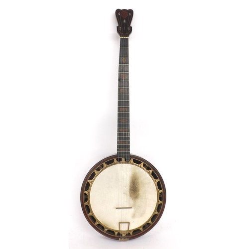 1556 - Good and unusual five string banjo, with ebony banded rosewood resonator, geometric burr walnut slot... 