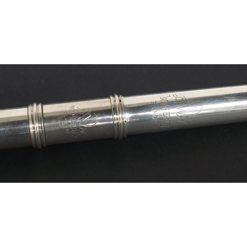 1847 - Good solid silver flute by and stamped Wimberly (David), Elkhart no. 10, with low B foot, case... 