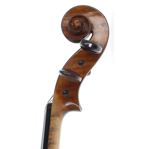 2402 - French violin labelled L. Courtier..., the two piece back of medium curl with similar wood to the si... 