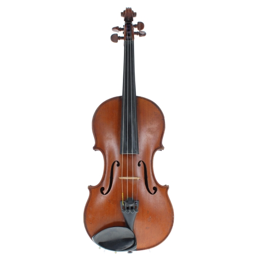 2406 - French violin circa 1910, unlabelled, the two piece back of medium curl with similar wood to the sid... 