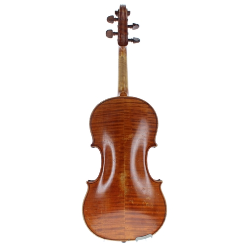 2406 - French violin circa 1910, unlabelled, the two piece back of medium curl with similar wood to the sid... 