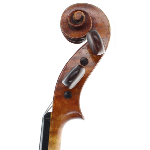 2406 - French violin circa 1910, unlabelled, the two piece back of medium curl with similar wood to the sid... 