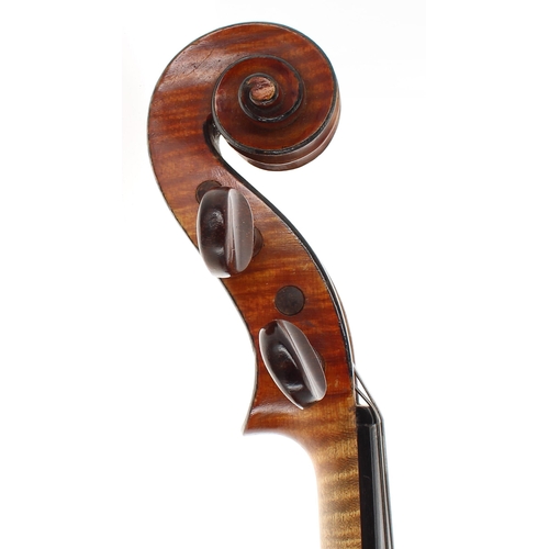 2407 - Good French viola circa 1910, unlabelled, the two piece back of medium curl with similar wood to the... 