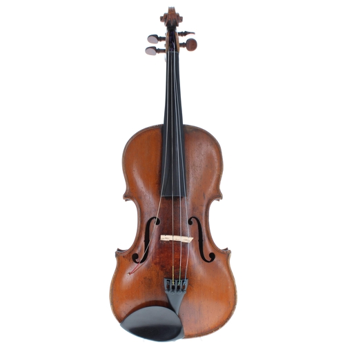 2419 - Interesting and early 19th century English viola, unlabelled, the two piece back of irregular flame ... 