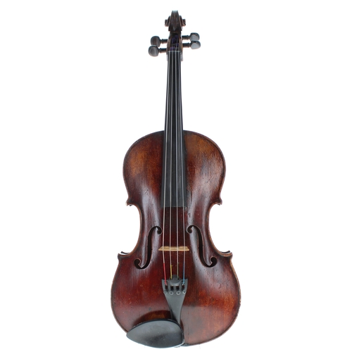 2420 - Interesting viola circa 1840, unlabelled, the two piece back of faint broad curl with similar wood t... 