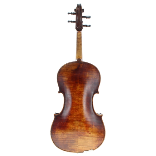 2420 - Interesting viola circa 1840, unlabelled, the two piece back of faint broad curl with similar wood t... 