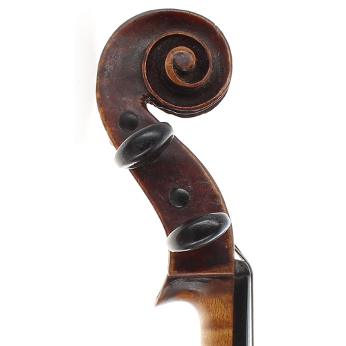 2420 - Interesting viola circa 1840, unlabelled, the two piece back of faint broad curl with similar wood t... 