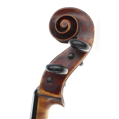 2420 - Interesting viola circa 1840, unlabelled, the two piece back of faint broad curl with similar wood t... 