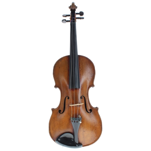 2434 - Interesting 19th century violin, unlabelled, the one piece back of faint medium/broad curl with simi... 