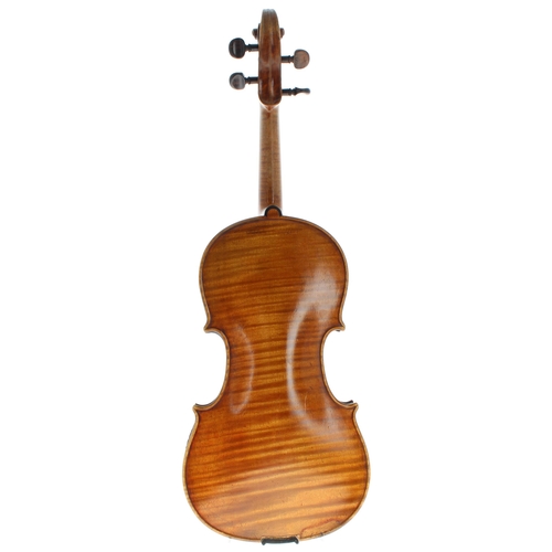 2434 - Interesting 19th century violin, unlabelled, the one piece back of faint medium/broad curl with simi... 