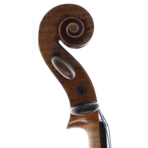 2434 - Interesting 19th century violin, unlabelled, the one piece back of faint medium/broad curl with simi... 