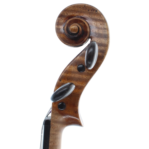 2434 - Interesting 19th century violin, unlabelled, the one piece back of faint medium/broad curl with simi... 