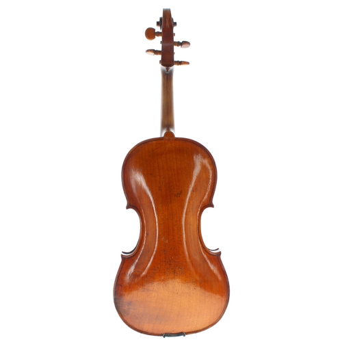 2456 - Good 19th century German violin with inked purfling bearing in illegible label, 14 3/16