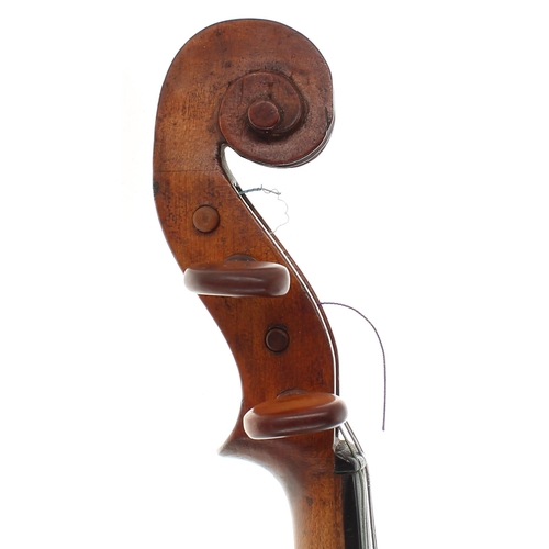 2456 - Good 19th century German violin with inked purfling bearing in illegible label, 14 3/16