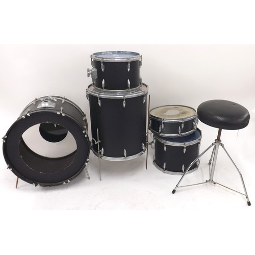 1557 - Five piece drum kit, with an Ajax Boosey & Hawkes snare drum, black leather wrapped drums, with ... 