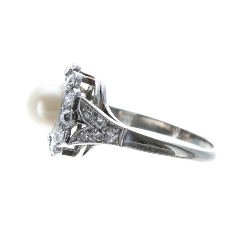 118 - Attractive cultured pearl and diamond cluster ring, with old-cut diamond shoulders set in a white me... 