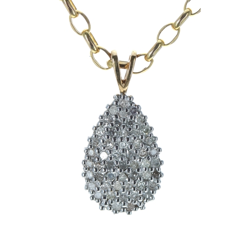 131 - 9ct pear shaped diamond cluster pendant and chain, the pendant 19mm x 9.5mm, the chain 17