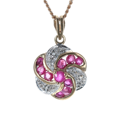 132 - 9ct ruby and diamond twist design pendant with chain, the pendant 20mm x 13mm, the chain 18