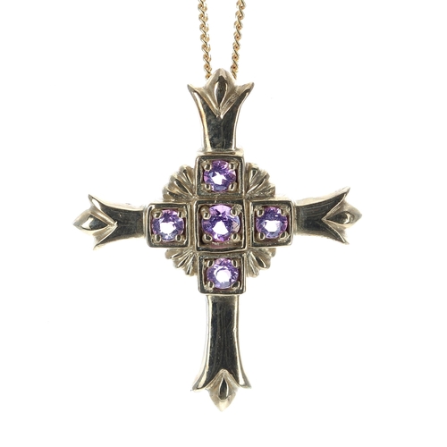 133 - 9ct amethyst cross pendant and chain, the pendant 28mm x 23mm, the chain 17