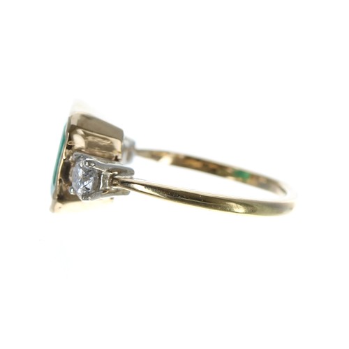 165 - Impressive 18ct emerald and diamond three stone ring, the rub-over set emerald 2.80ct approx, with t... 