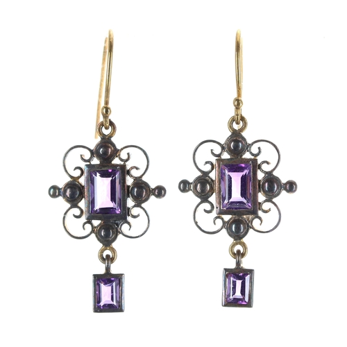 172 - Pair of amethyst drop earrings in the antique style, wire hook backs, 3.1gm, 36mm