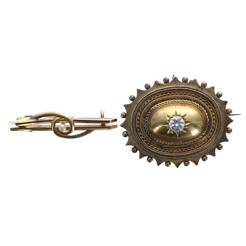 175 - Victorian gilt stone set mourning brooch, 41mm x 33mm; also with a yellow metal pearl set brooch, 2.... 