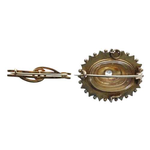 175 - Victorian gilt stone set mourning brooch, 41mm x 33mm; also with a yellow metal pearl set brooch, 2.... 