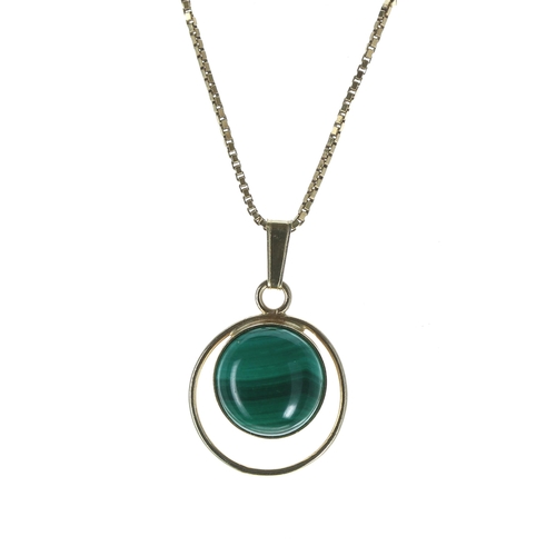 176 - Malachite 14ct pendant on an 18ct necklet, the pendant 17mm and 1.9gm, the chain 2.4gm, 16