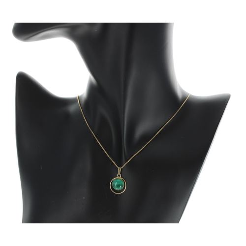 176 - Malachite 14ct pendant on an 18ct necklet, the pendant 17mm and 1.9gm, the chain 2.4gm, 16