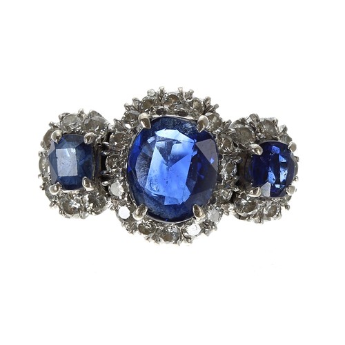 177 - Impressive 14ct white gold sapphire and diamond triple cluster ring, width 13mm, 6.3gm, ring size L/... 