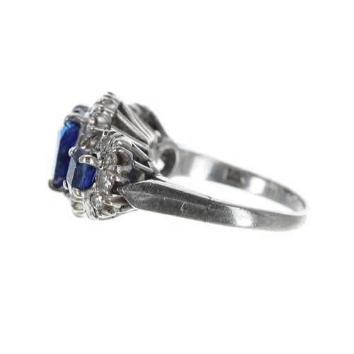 177 - Impressive 14ct white gold sapphire and diamond triple cluster ring, width 13mm, 6.3gm, ring size L/... 