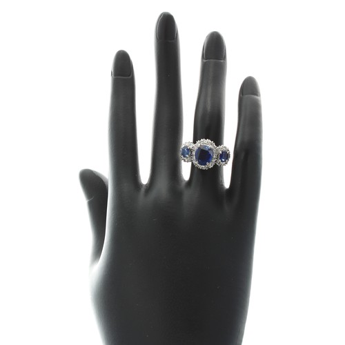 177 - Impressive 14ct white gold sapphire and diamond triple cluster ring, width 13mm, 6.3gm, ring size L/... 