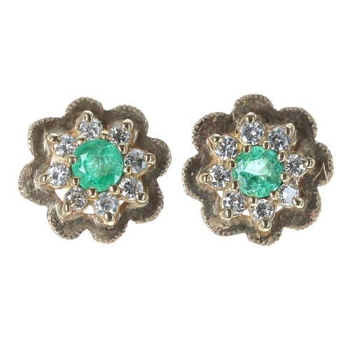 257 - Pair of 9ct emerald and diamond earrings, 1.7gm, 11mm diameter