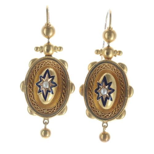 275 - Pair of attractive Victorian gold earrings, set with single seed pearls in an enamel star border, ho... 