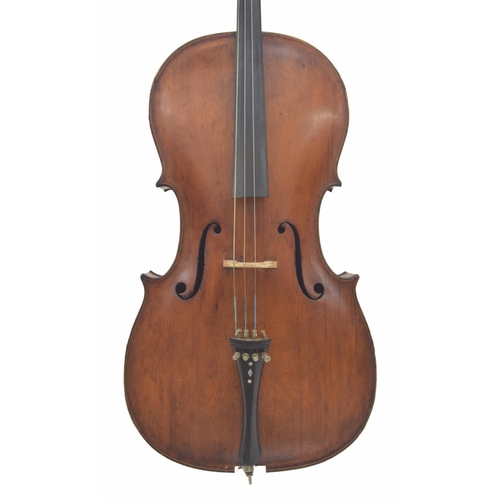 2473 - Interesting English violoncello circa 1830, unlabelled, with two piece birds eye maple back and simi... 